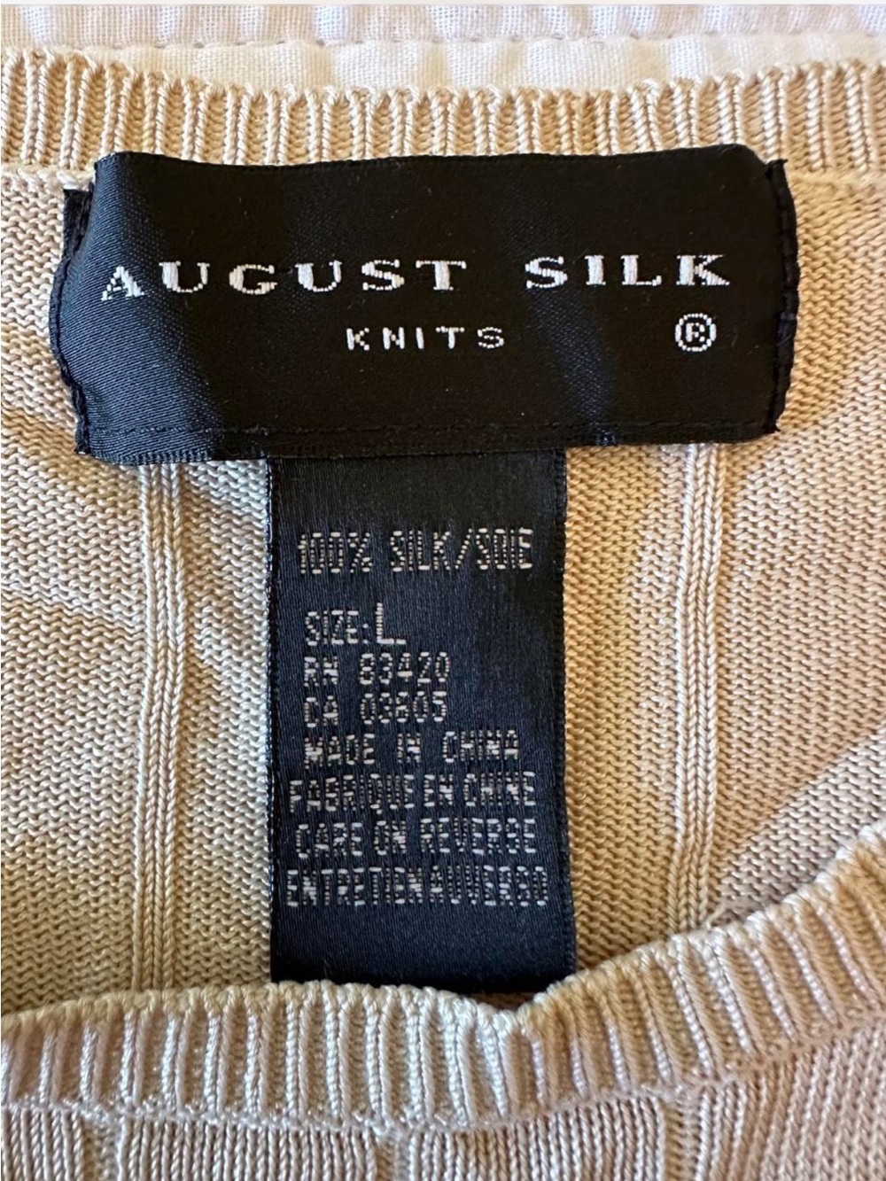 Vintage August Silk Beige Ribbed Long Sleeve Knit Crew Neck - Picture 4 of 6